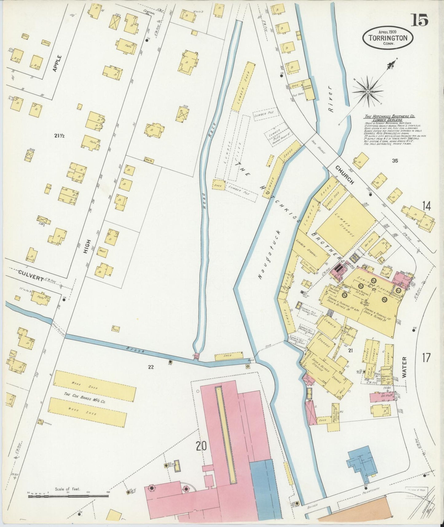 Sanborn Fire Insurance Map from Torrington, Litchfield County, Connecticut (1909), Sheet #0015 - Historic Sanborn Fire Insurance Map Print, vintage old map wall art, antique decor, genealogy gift, Connecticut Connecticut map