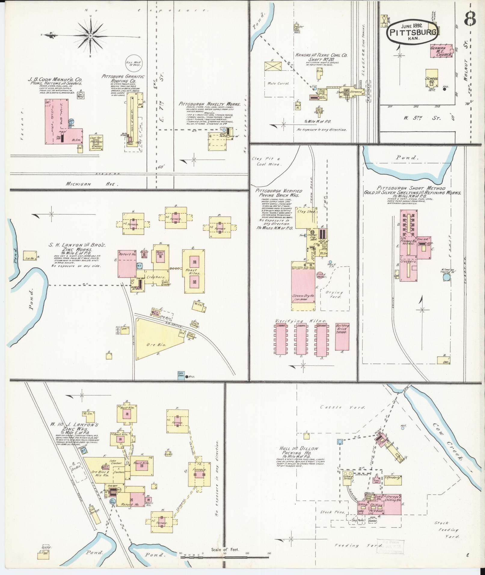 Sanborn Fire Insurance Map from Pittsburg, Crawford County, Kansas (1892), Sheet #0008 - Historic Sanborn Fire Insurance Map Print, vintage old map wall art, antique decor, genealogy gift, Kansas Kansas map