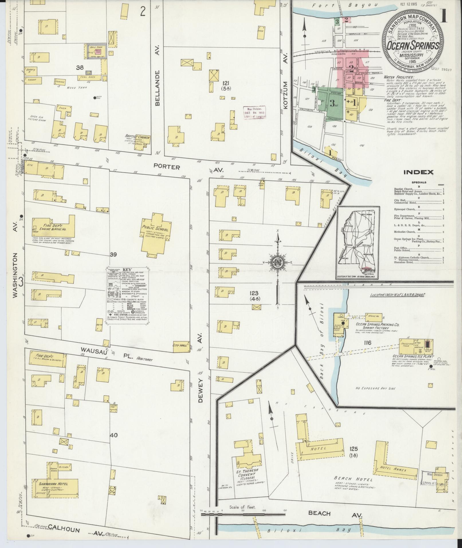 Sanborn Fire Insurance Map from Ocean Springs, Jackson County, Mississippi (1915), Sheet #0001 - Complete Map Set gallery image, historic Sanborn map, vintage wall art, Mississippi Mississippi