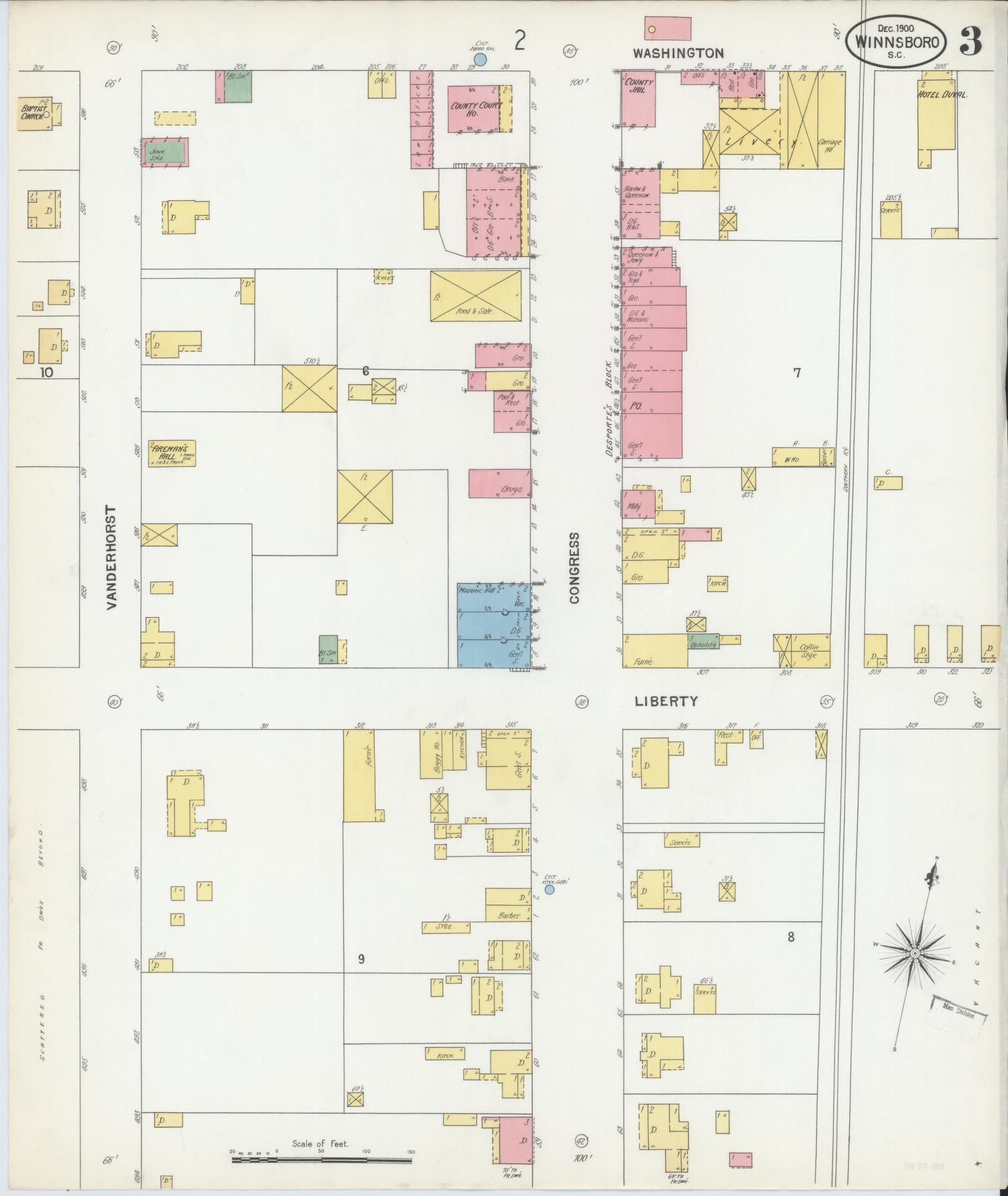 Sanborn Fire Insurance Map from Winnsboro, Fairfield County, South Carolina (1900), Sheet #0003 - Complete Map Set gallery image, historic Sanborn map, vintage wall art, South Carolina South Carolina