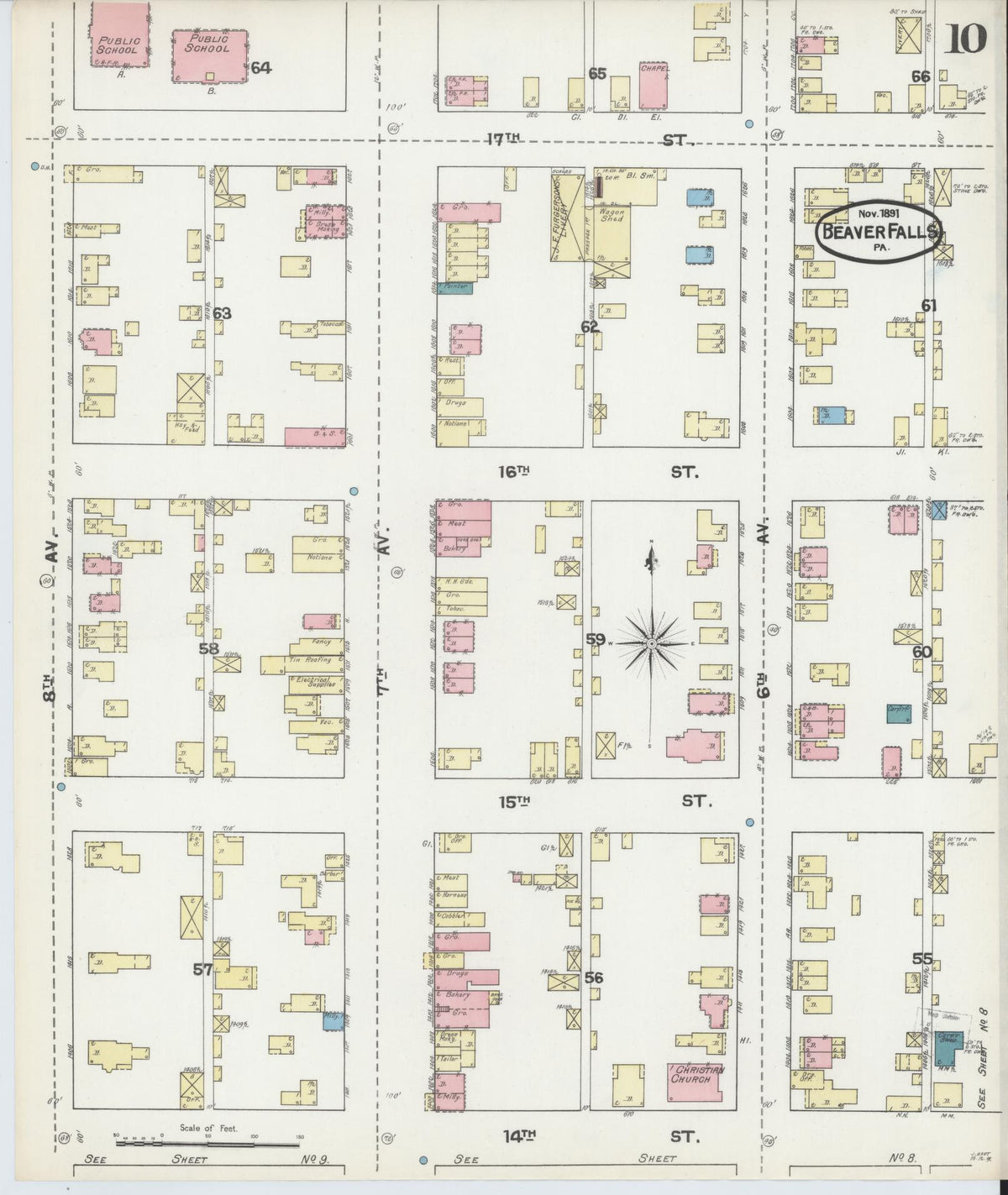 Sanborn Fire Insurance Map from Beaver Falls, Beaver County, Pennsylvania (1891), Sheet #0010 - Complete Map Set gallery image, historic Sanborn map, vintage wall art, Pennsylvania Pennsylvania