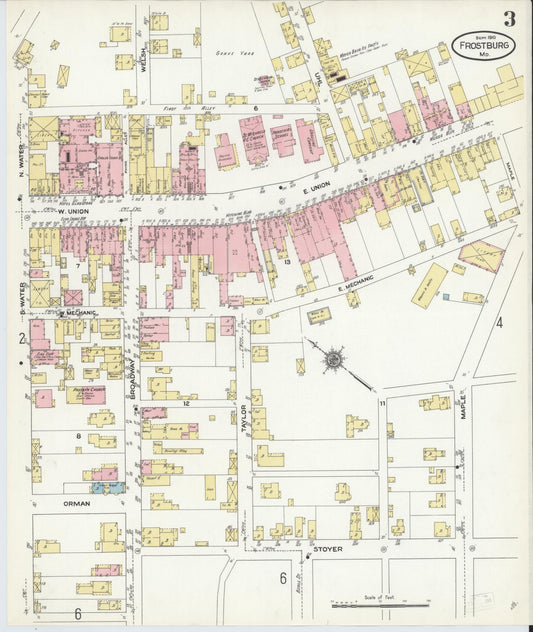 Sanborn Fire Insurance Map from Frostburg, Allegany County, Maryland (1910), Sheet #0003 - Historic Sanborn Fire Insurance Map Print, vintage old map wall art