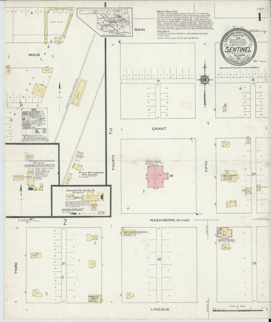 Sanborn Fire Insurance Map from Sentinel, Wasbita County, Oklahoma (1913), Sheet #0001 - Complete Map Set gallery image, historic Sanborn map, vintage wall art, Oklahoma Oklahoma