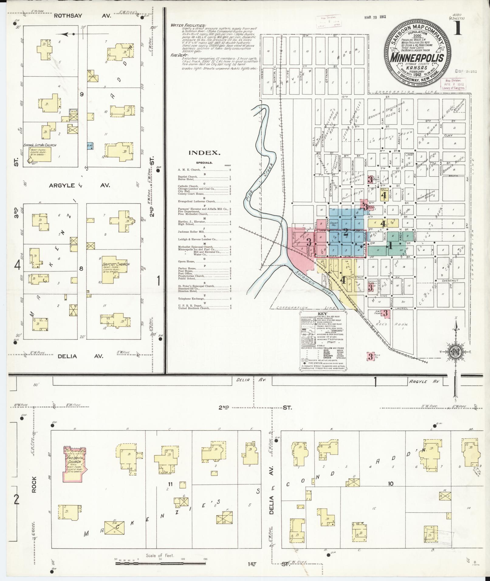 Sanborn Fire Insurance Map from Minneapolis, Ottawa  County, Kansas (1912), Sheet #0001 - Complete Map Set gallery image, historic Sanborn map, vintage wall art, Kansas Kansas