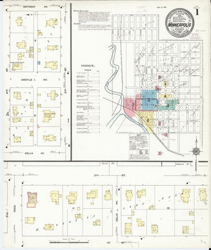 Sanborn Fire Insurance Map from Minneapolis, Ottawa  County, Kansas (1912), Sheet #0001 - Complete Map Set gallery image, historic Sanborn map, vintage wall art, Kansas Kansas