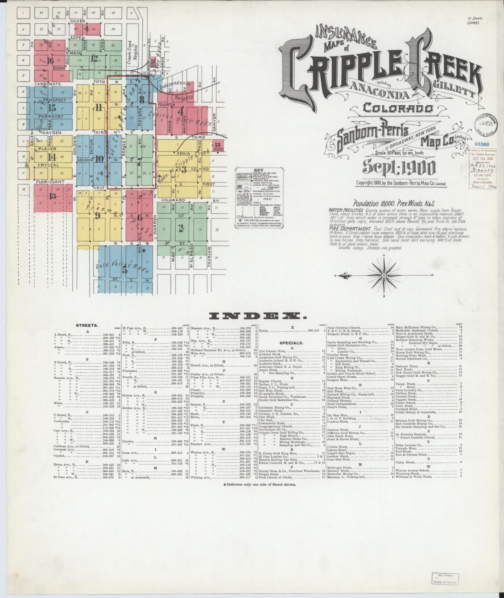 Sanborn Fire Insurance Map from Cripple Creek, Teller County, Colorado (1900), Sheet #0001 - Historic Sanborn Fire Insurance Map Print, vintage old map wall art, antique decor, genealogy gift, Colorado Colorado map