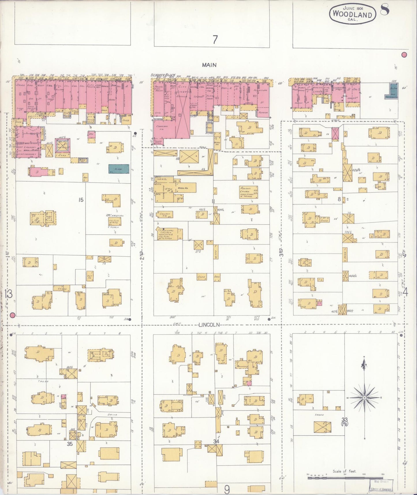 Sanborn Fire Insurance Map from Woodland, Yolo County, California (1906), Sheet #0008 - Complete Map Set gallery image, historic Sanborn map, vintage wall art, California California