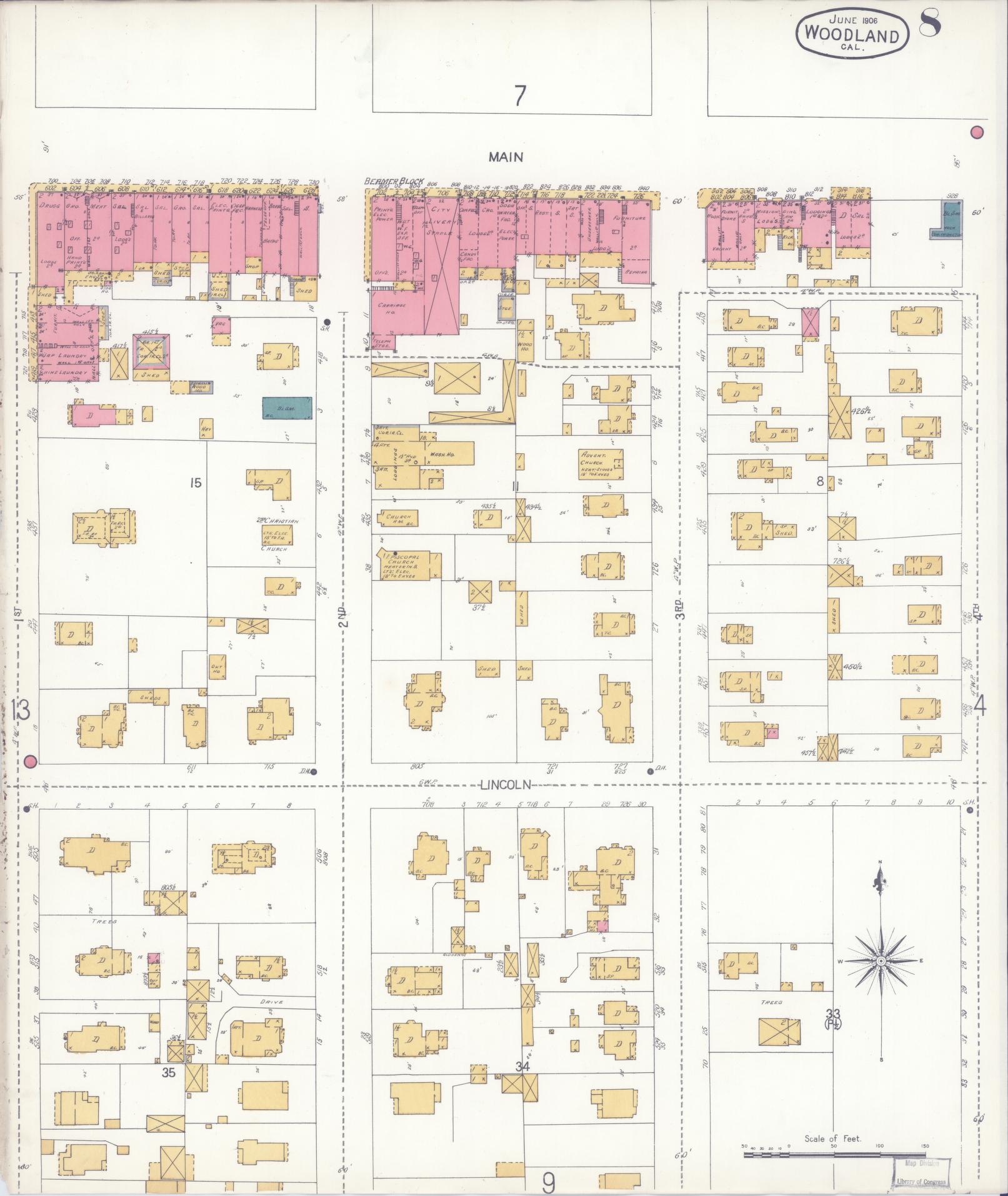 Sanborn Fire Insurance Map from Woodland, Yolo County, California (1906), Sheet #0008 - Complete Map Set gallery image, historic Sanborn map, vintage wall art, California California