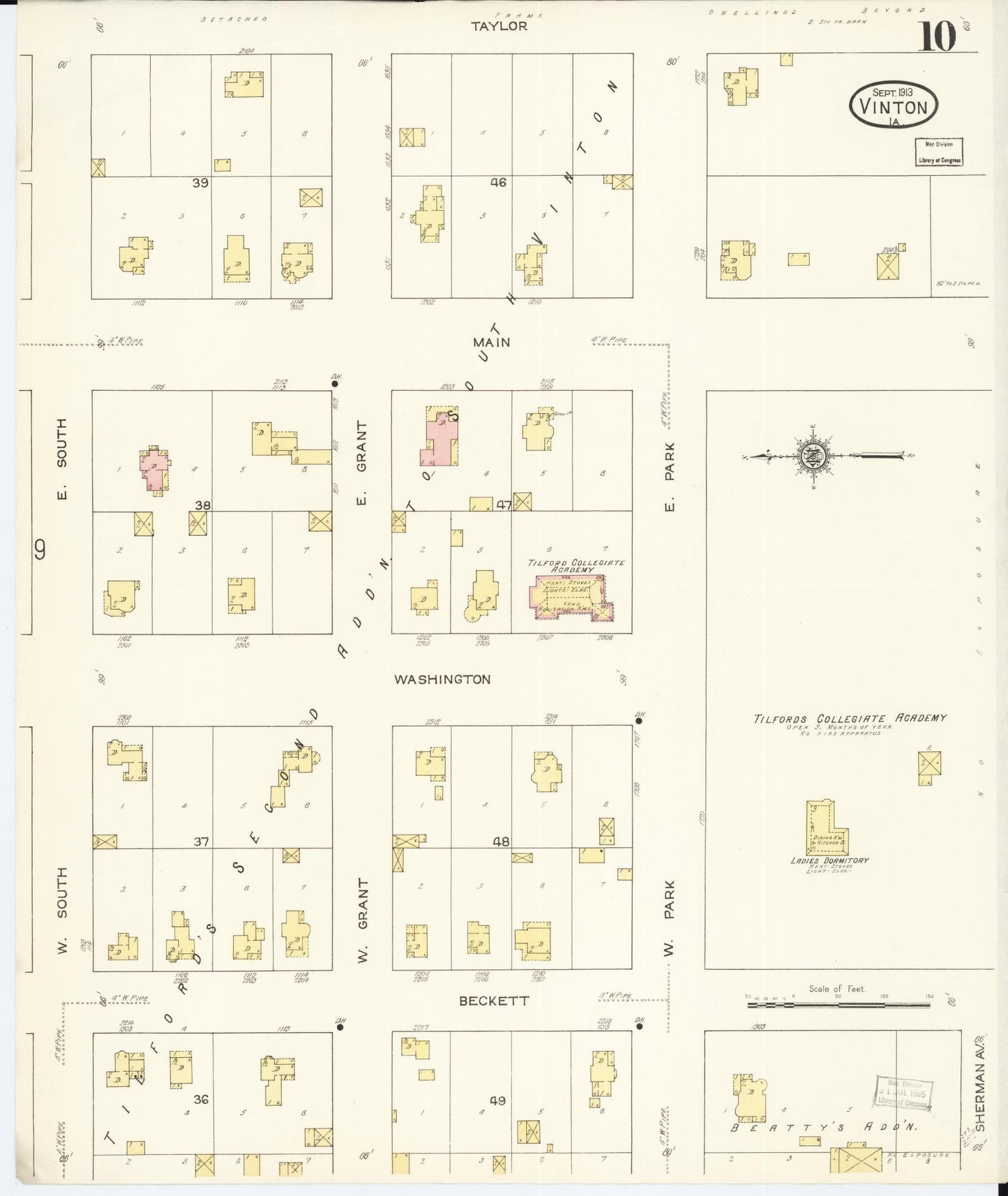 Sanborn Fire Insurance Map from Vinton, Benton County, Iowa (1913), Sheet #0010 - Historic Sanborn Fire Insurance Map Print, vintage old map wall art