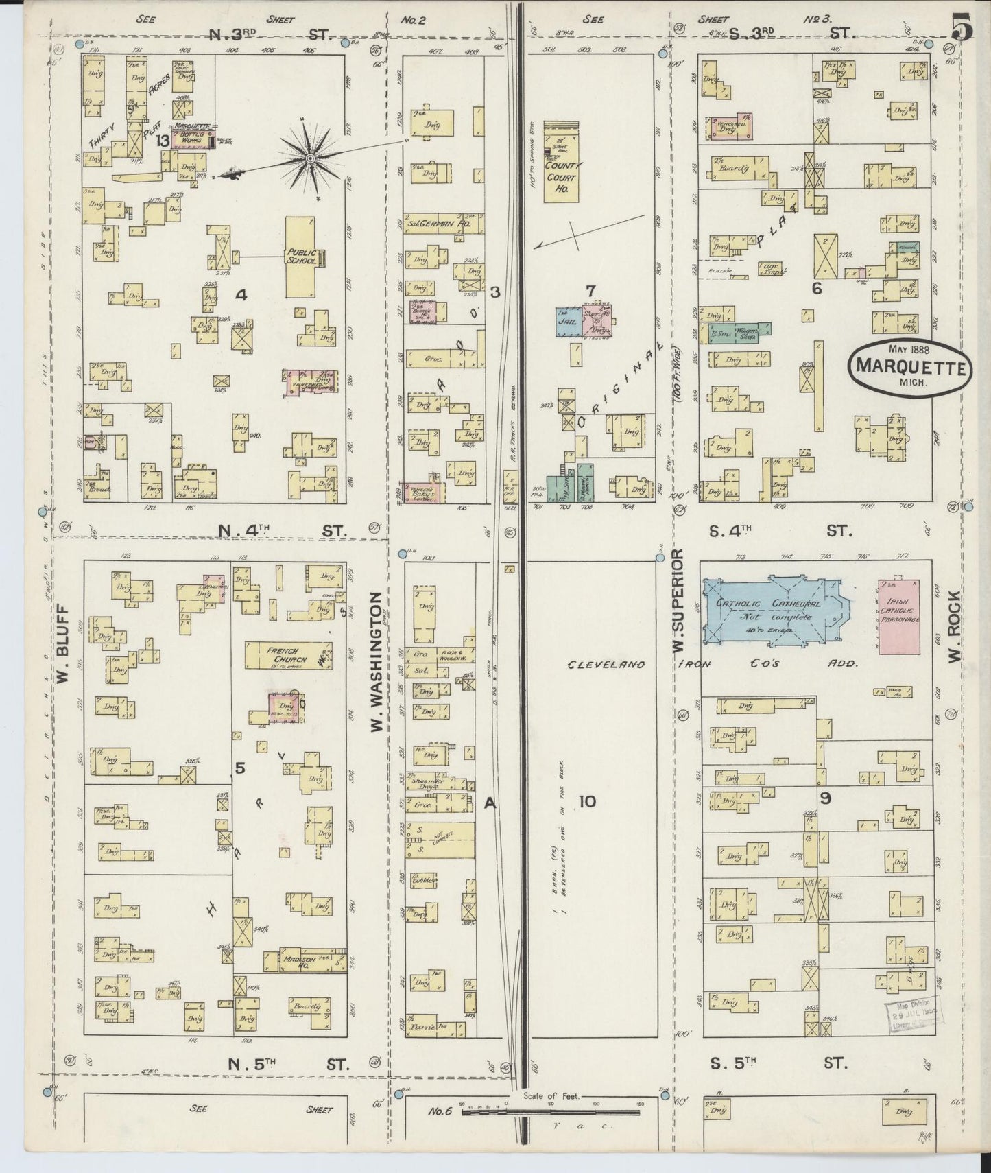 Sanborn Fire Insurance Map from Marquette, Marquette County, Michigan (1888), Sheet #0005 - Historic Sanborn Fire Insurance Map Print, vintage old map wall art, antique decor, genealogy gift, Michigan Michigan map