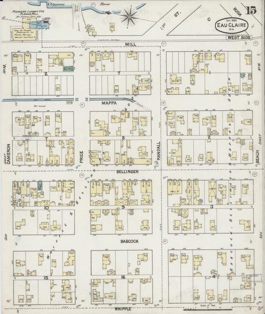 Sanborn Fire Insurance Map from Eau Claire, Eau Claire County, Wisconsin (1889), Sheet #0015 - Historic Sanborn Fire Insurance Map Print, vintage old map wall art, antique decor, genealogy gift, Wisconsin Wisconsin map