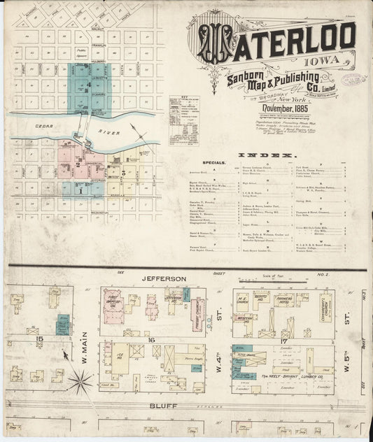 Sanborn Fire Insurance Map from Waterloo, Black Hawk County, Iowa (1885), Sheet #0001 - Historic Sanborn Fire Insurance Map Print, vintage old map wall art