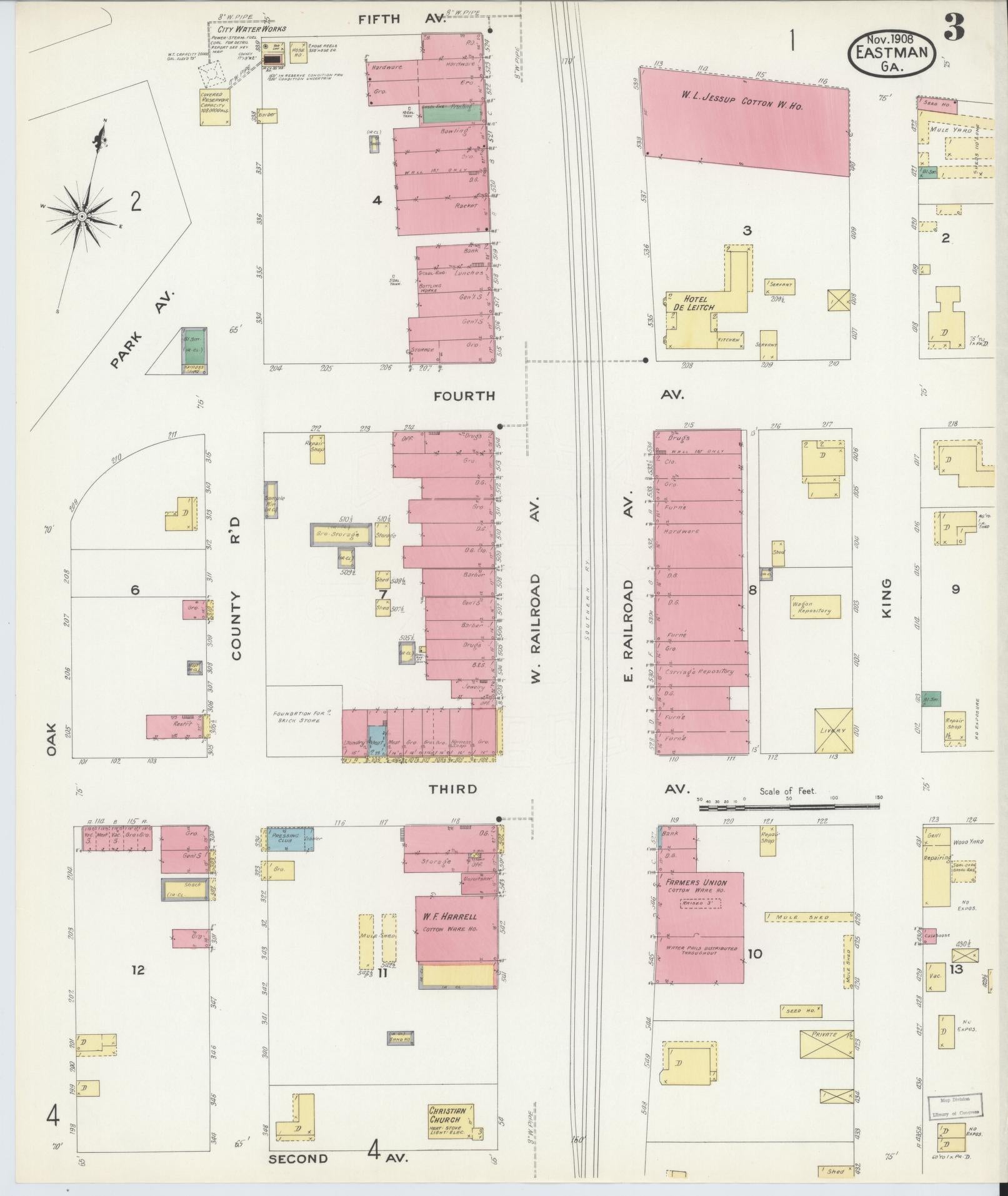 Sanborn Fire Insurance Map from Eastman, Dodge County, Georgia (1908), Sheet #0003 - Historic Sanborn Fire Insurance Map Print, vintage old map wall art, antique decor, genealogy gift, Georgia Georgia map