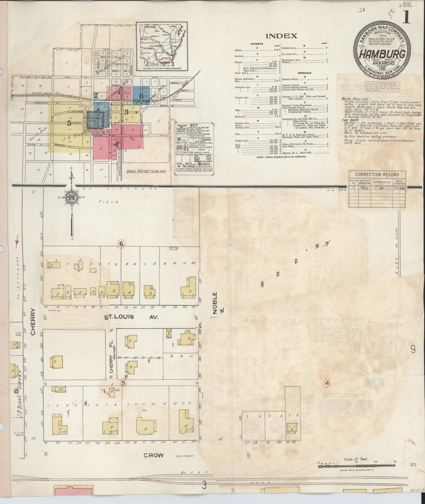 Sanborn Fire Insurance Map from Hamburg, Ashley County, Arkansas (1938), Sheet #0001 - Historic Sanborn Fire Insurance Map Print, vintage old map wall art, antique decor, genealogy gift, Arkansas Arkansas map