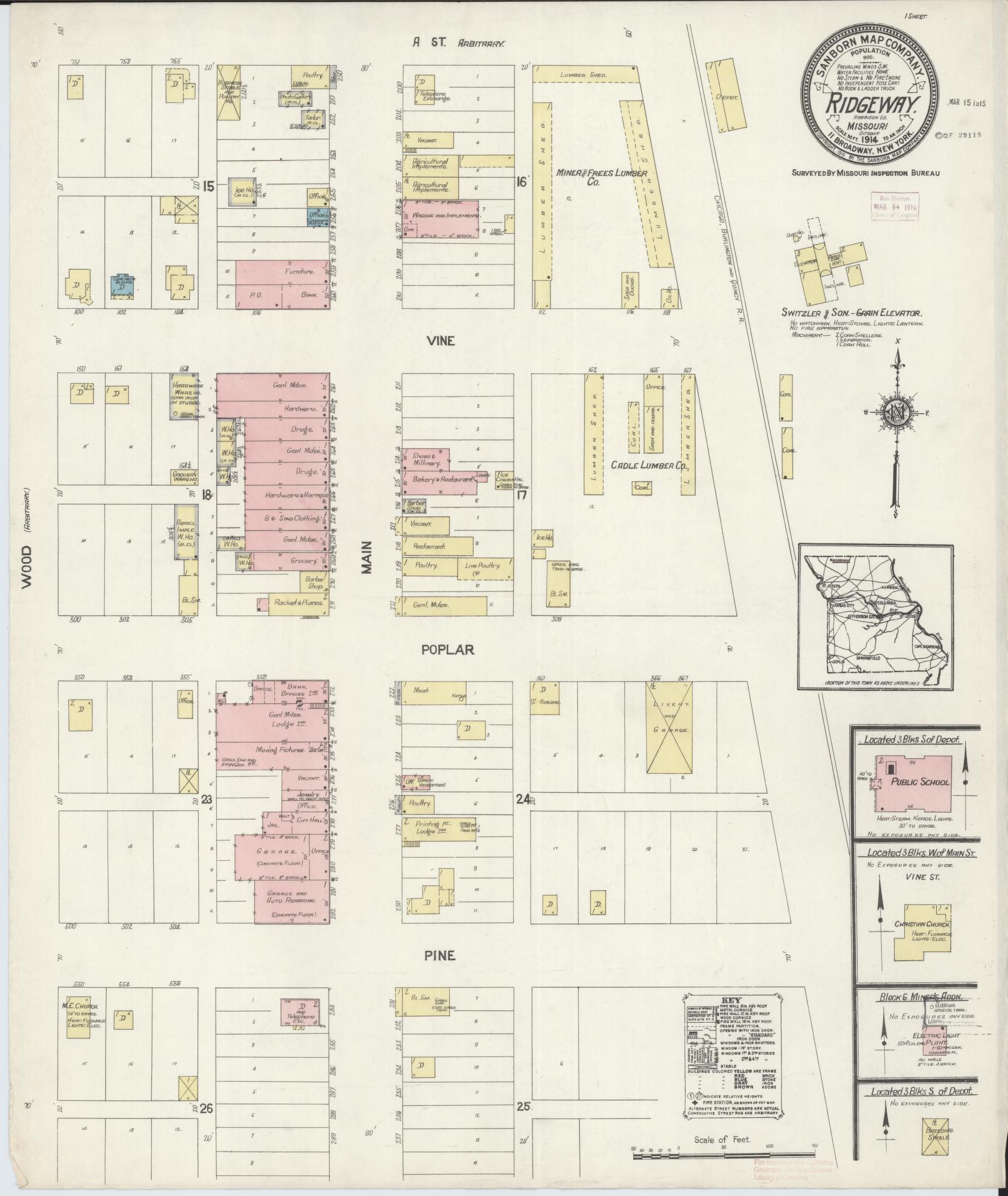 Sanborn Fire Insurance Map from Ridgeway, Harrison County, Missouri (1914), Sheet #0001 - Historic Sanborn Fire Insurance Map Print, vintage old map wall art, antique decor, genealogy gift, Missouri Missouri map