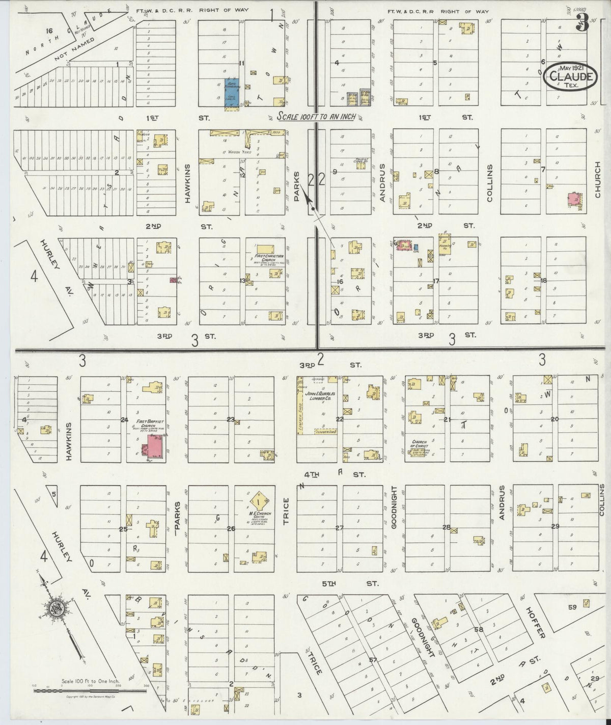 Sanborn Fire Insurance Map from Claude, Armstrong County, Texas (1921), Sheet #0003 - Historic Sanborn Fire Insurance Map Print, vintage old map wall art, antique decor, genealogy gift, Texas Texas map