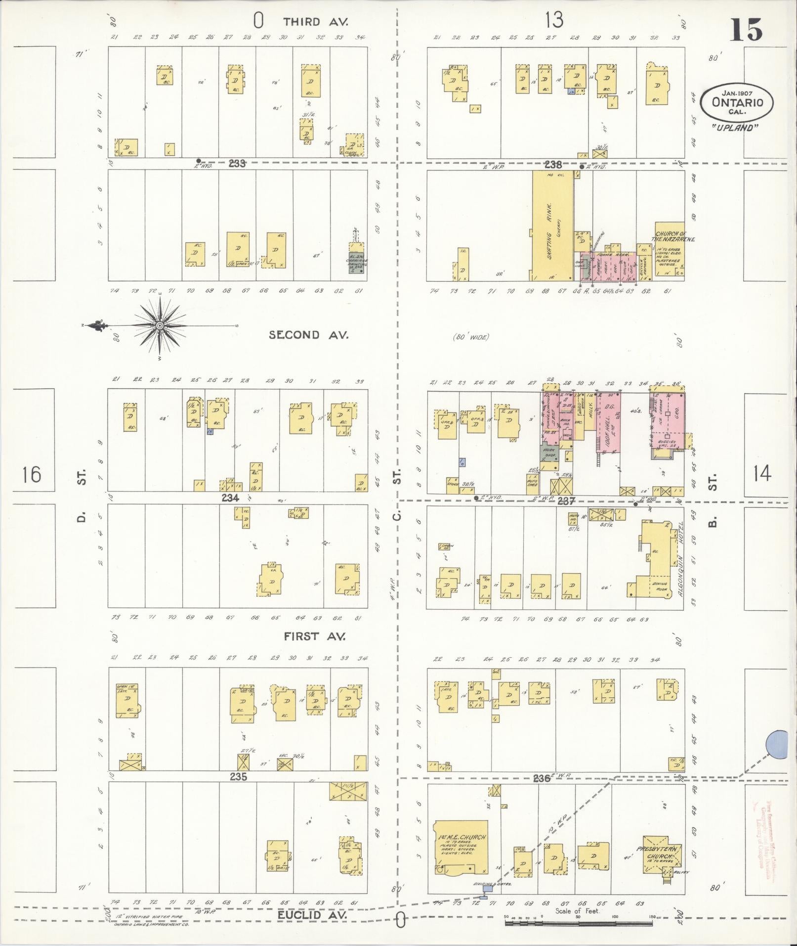 Sanborn Fire Insurance Map from Ontario, San Bernardino County, California (1907), Sheet #0015 - Historic Sanborn Fire Insurance Map Print, vintage old map wall art, antique decor, genealogy gift, California California map