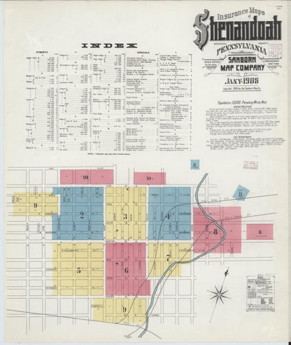 Sanborn Fire Insurance Map from Shenandoah, Schuylkill County, Pennsylvania (1908), Sheet #0001 - Historic Sanborn Fire Insurance Map Print, vintage old map wall art, antique decor, genealogy gift, Pennsylvania Pennsylvania map