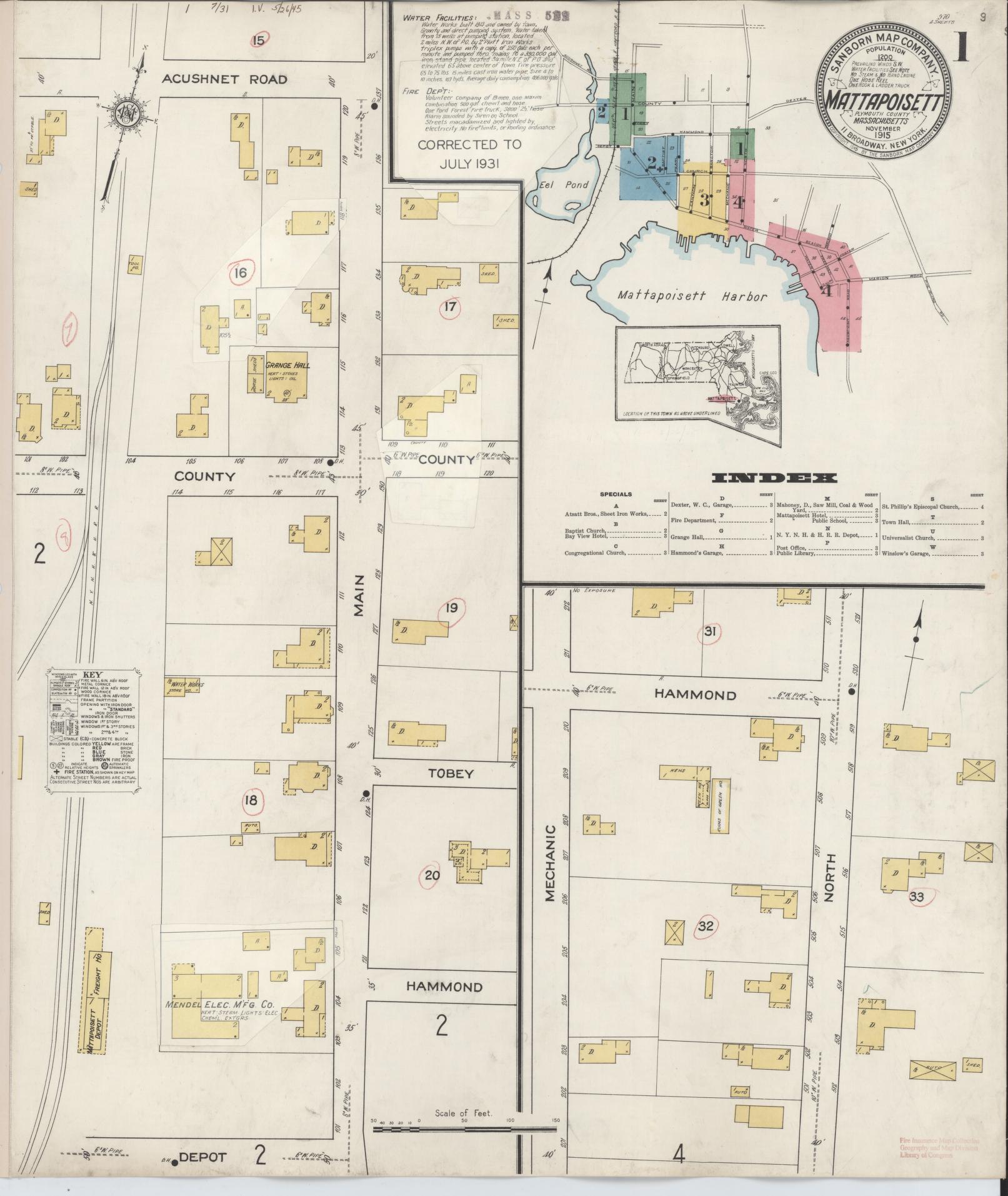 Sanborn Fire Insurance Map from Mattapoisett, Plymouth County, Massachusetts (1931), Sheet #0001 - Complete Map Set gallery image, historic Sanborn map, vintage wall art, Massachusetts Massachusetts