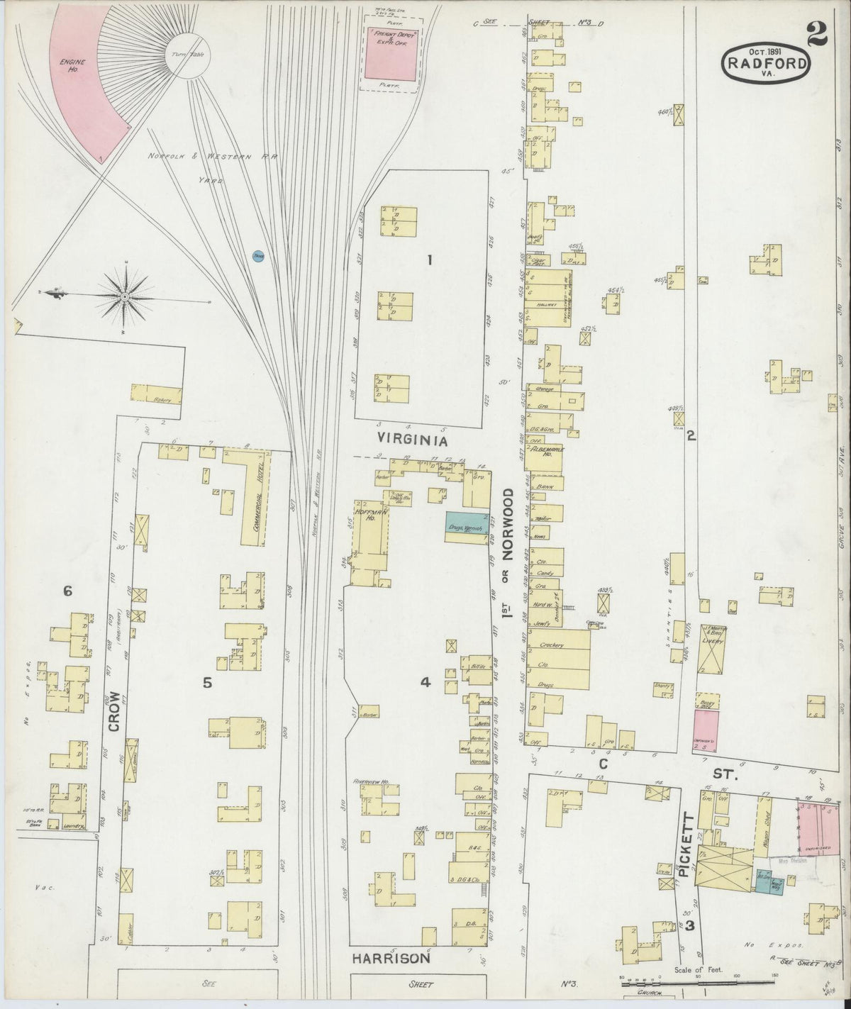 Sanborn Fire Insurance Map from Radford, Independent Cities, Virginia (1891), Sheet #0002 - Historic Sanborn Fire Insurance Map Print, vintage old map wall art, antique decor, genealogy gift, Virginia Virginia map