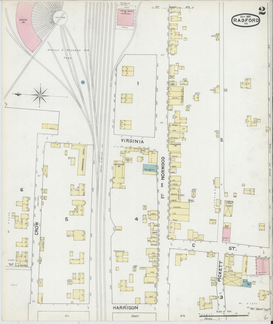 Sanborn Fire Insurance Map from Radford, Independent Cities, Virginia (1891), Sheet #0002 - Historic Sanborn Fire Insurance Map Print, vintage old map wall art, antique decor, genealogy gift, Virginia Virginia map