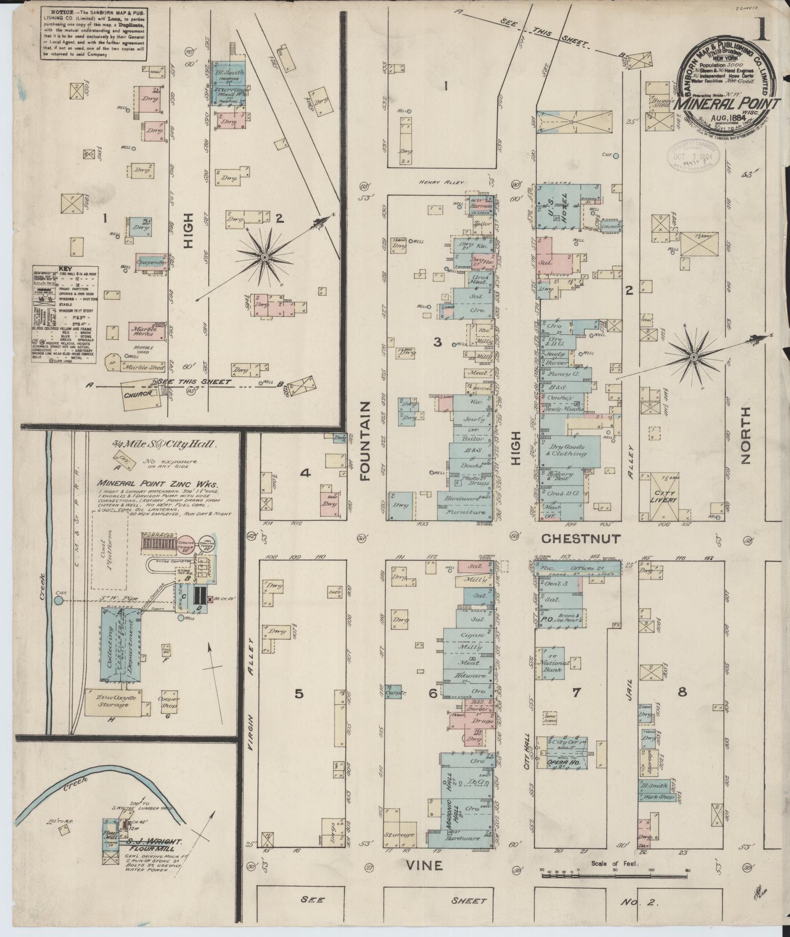 Sanborn Fire Insurance Map from Mineral Point, Iowa County, Wisconsin (1884), Sheet #0001 - Historic Sanborn Fire Insurance Map Print, vintage old map wall art, antique decor, genealogy gift, Wisconsin Wisconsin map