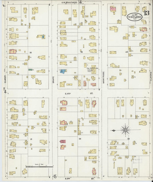 Sanborn Fire Insurance Map from Vineland, Cumberland County, New Jersey (1906), Sheet #0013 - Historic Sanborn Fire Insurance Map Print, vintage old map wall art, antique decor, genealogy gift, New Jersey New Jersey map