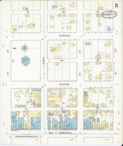 Sanborn Fire Insurance Map from Mason City, Cerro Gordo County, Iowa (1892), Sheet #0005 - Historic Sanborn Fire Insurance Map Print, vintage old map wall art