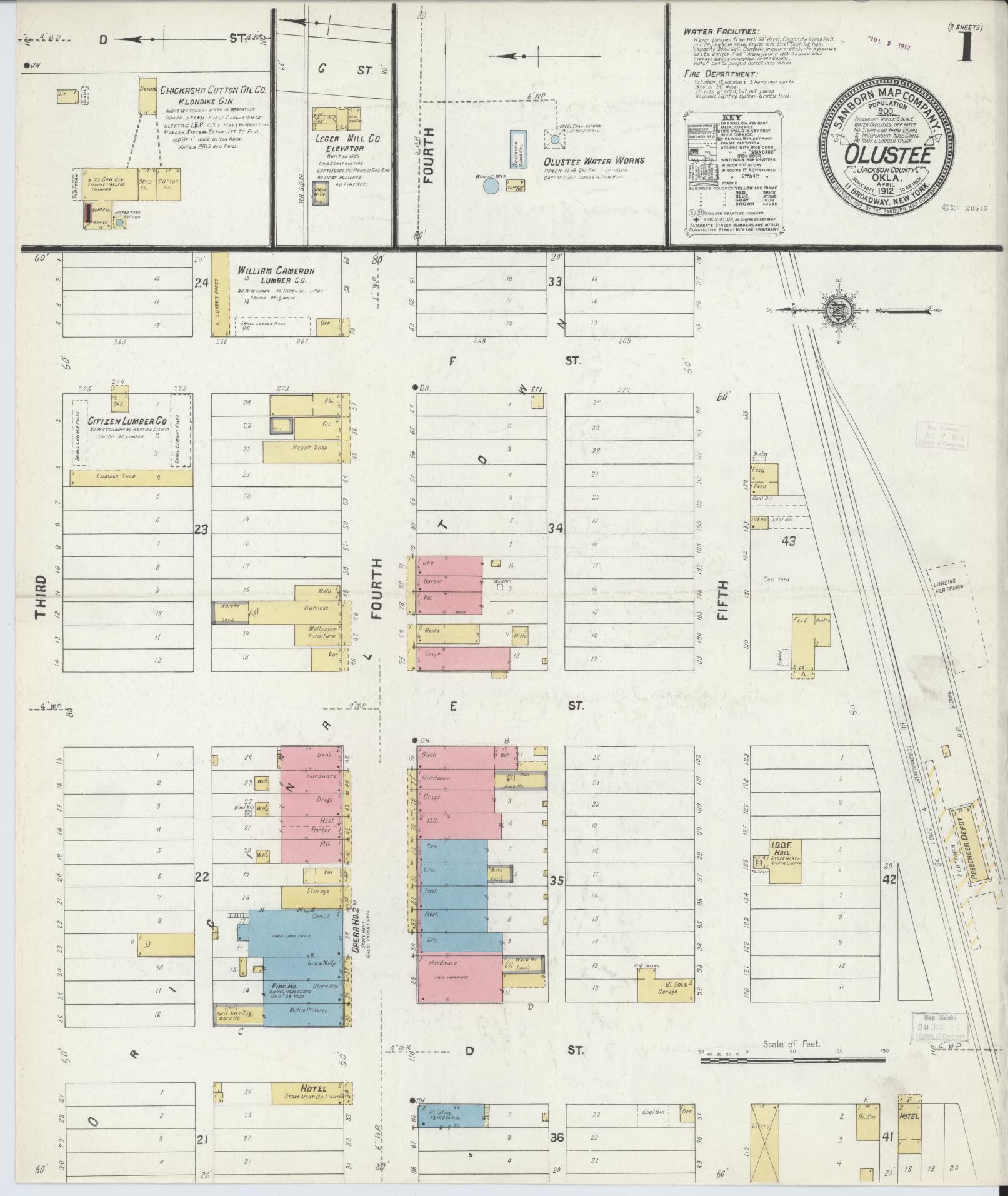 Sanborn Fire Insurance Map from Olustee, Jackson County, Oklahoma (1912), Sheet #0001 - Historic Sanborn Fire Insurance Map Print, vintage old map wall art, antique decor, genealogy gift, Oklahoma Oklahoma map