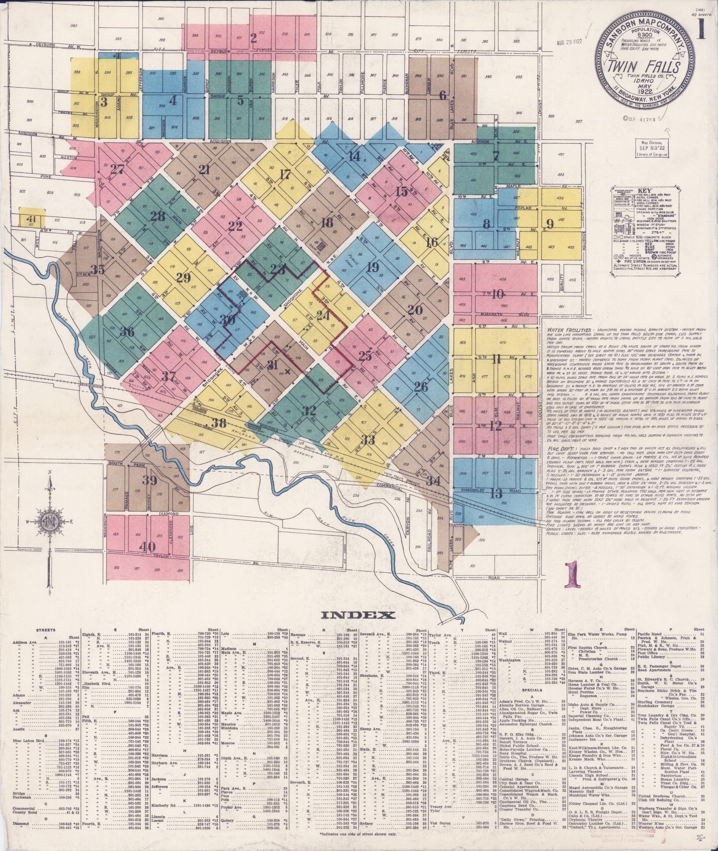 Sanborn Fire Insurance Map from Twin Falls, Twin Falls County, Idaho (1922), Sheet #0001 - Complete Map Set gallery image, historic Sanborn map, vintage wall art, Falls Idaho