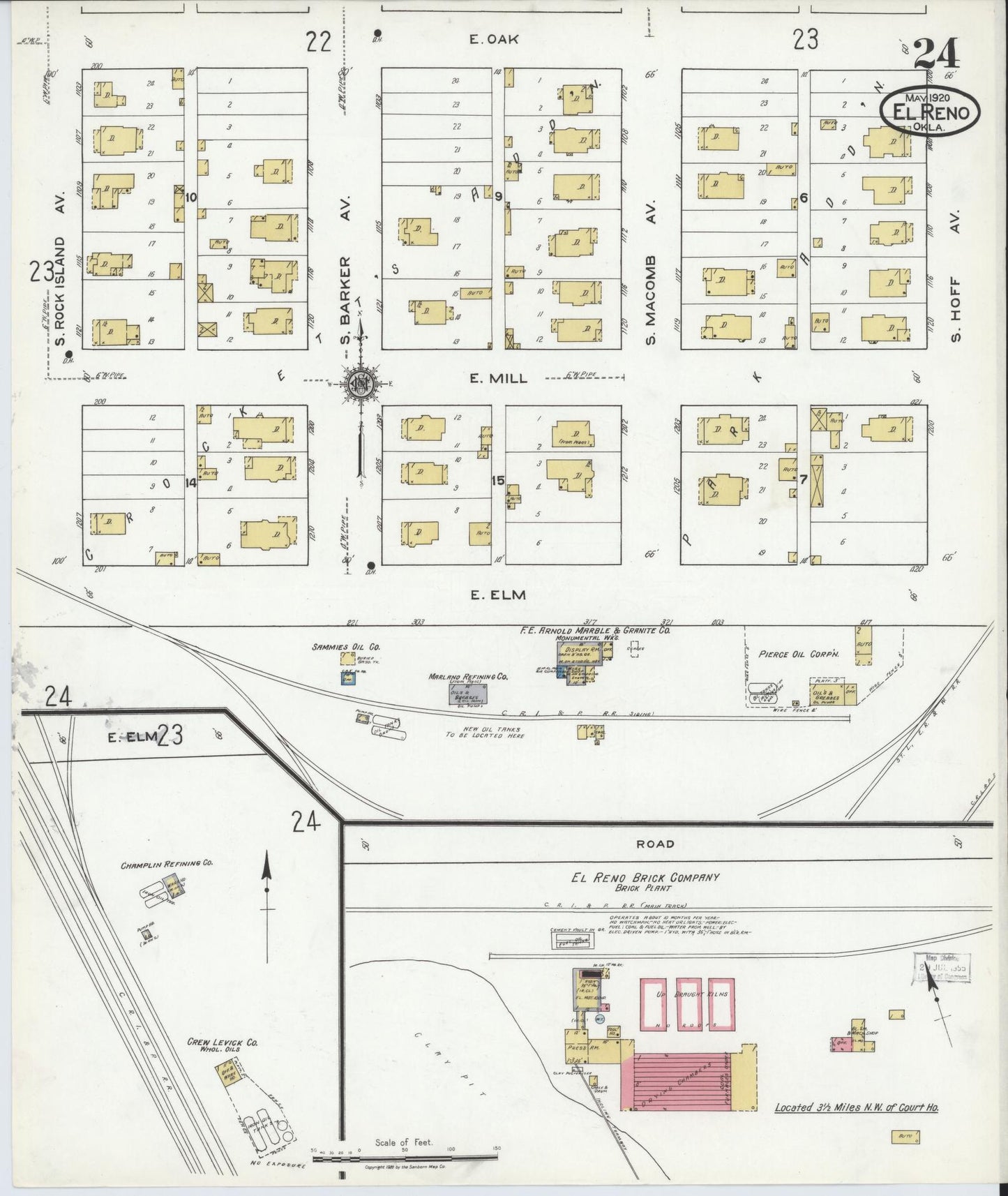 Sanborn Fire Insurance Map from El Reno, Canadian County, Oklahoma (1920), Sheet #0024 - Historic Sanborn Fire Insurance Map Print, vintage old map wall art, antique decor, genealogy gift, Oklahoma Oklahoma map