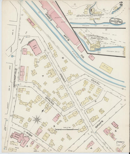 Sanborn Fire Insurance Map from Chicopee, Hampden County, Massachusetts (1885), Sheet #0002 - Historic Sanborn Fire Insurance Map Print, vintage old map wall art, antique decor, genealogy gift, Massachusetts Massachusetts map