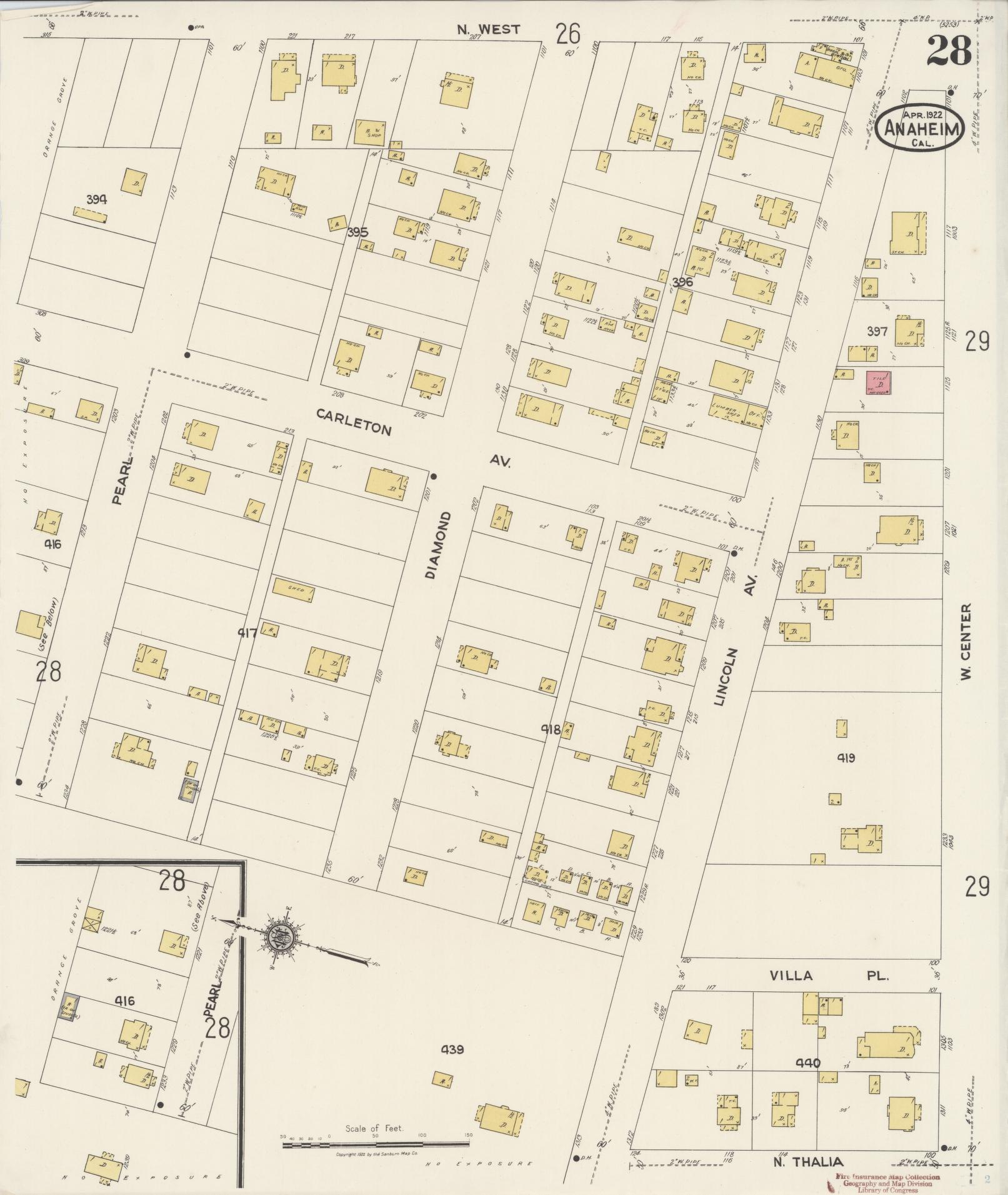 Sanborn Fire Insurance Map from Anaheim, Orange County, California (1922), Sheet #0028 - Historic Sanborn Fire Insurance Map Print, vintage old map wall art, antique decor, genealogy gift, California California map