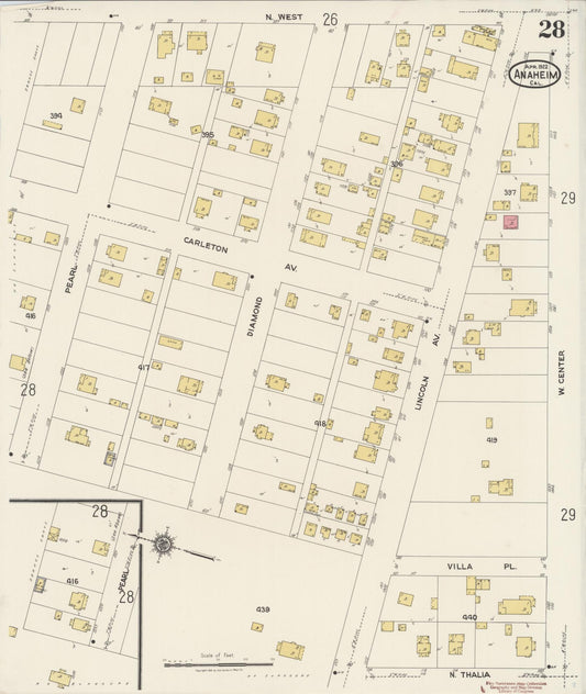 Sanborn Fire Insurance Map from Anaheim, Orange County, California (1922), Sheet #0028 - Historic Sanborn Fire Insurance Map Print, vintage old map wall art, antique decor, genealogy gift, California California map