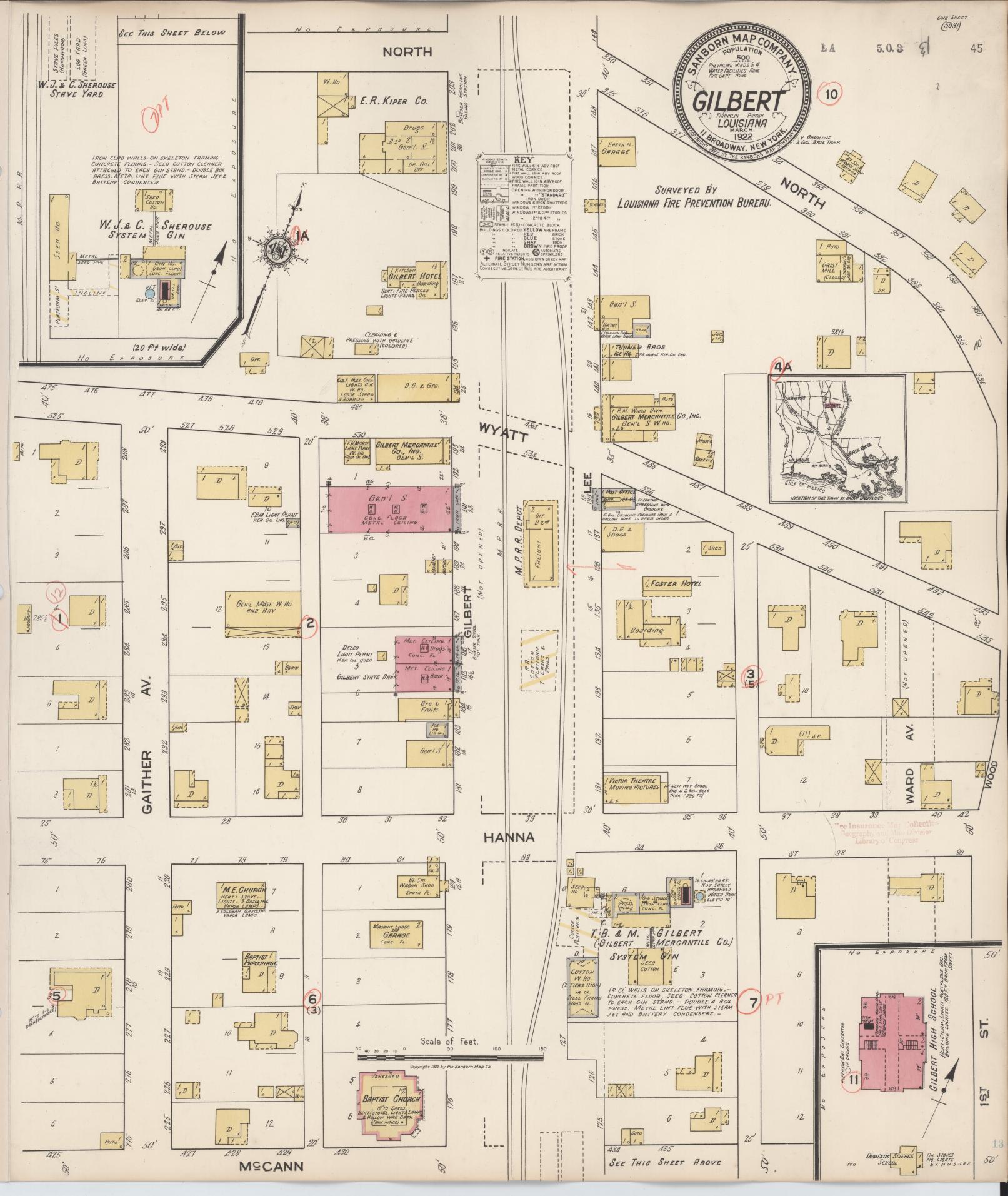 Sanborn Fire Insurance Map from Gilbert, Franklin Parish, Louisiana (1922), Sheet #0001 - Historic Sanborn Fire Insurance Map Print, vintage old map wall art, antique decor, genealogy gift, Louisiana Louisiana map