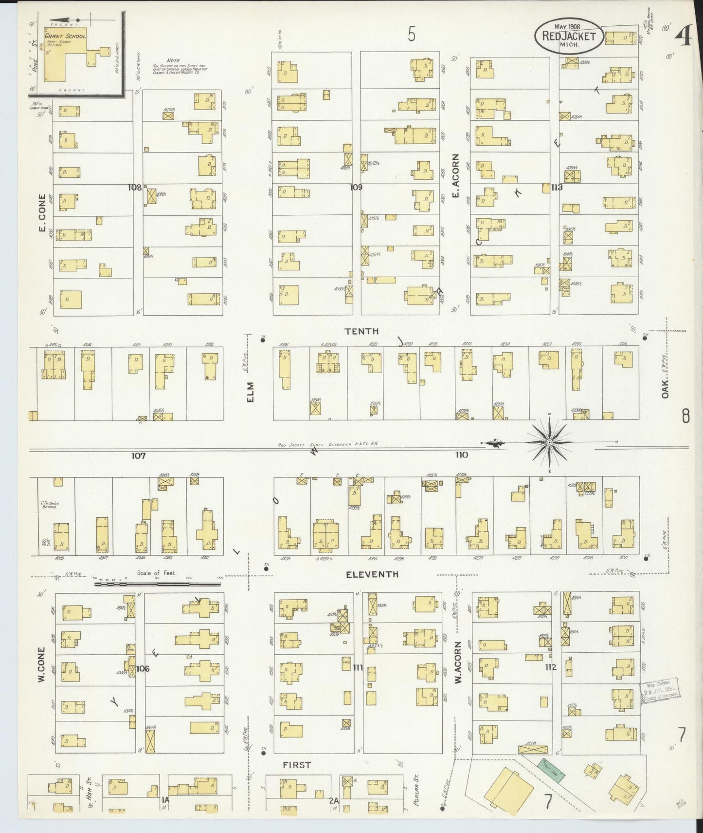 Sanborn Fire Insurance Map from Red Jacket, Houghton County, Michigan (1908), Sheet #0004 - Complete Map Set gallery image, historic Sanborn map, vintage wall art, Michigan Michigan