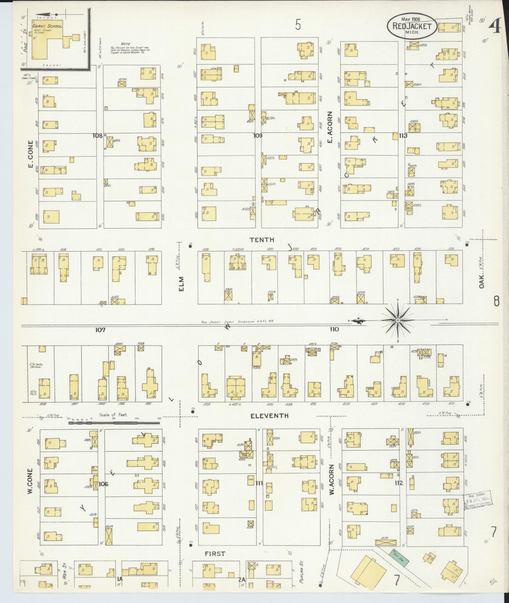 Sanborn Fire Insurance Map from Red Jacket, Houghton County, Michigan (1908), Sheet #0004 - Complete Map Set gallery image, historic Sanborn map, vintage wall art, Michigan Michigan