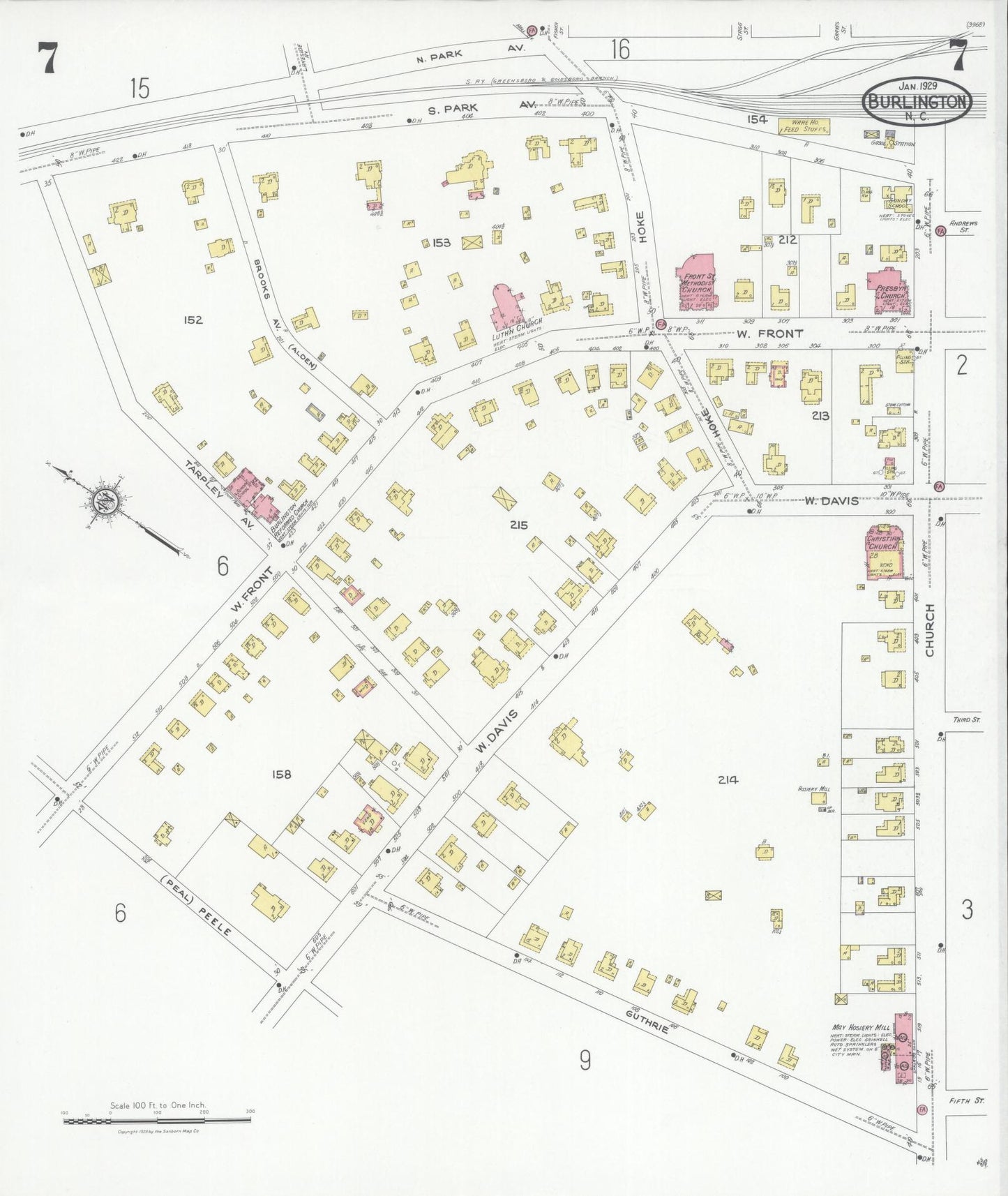 Sanborn Fire Insurance Map from Burlington, Alamance County, North Carolina (1929), Sheet #0007 - Complete Map Set gallery image, historic Sanborn map, vintage wall art, North Carolina North Carolina