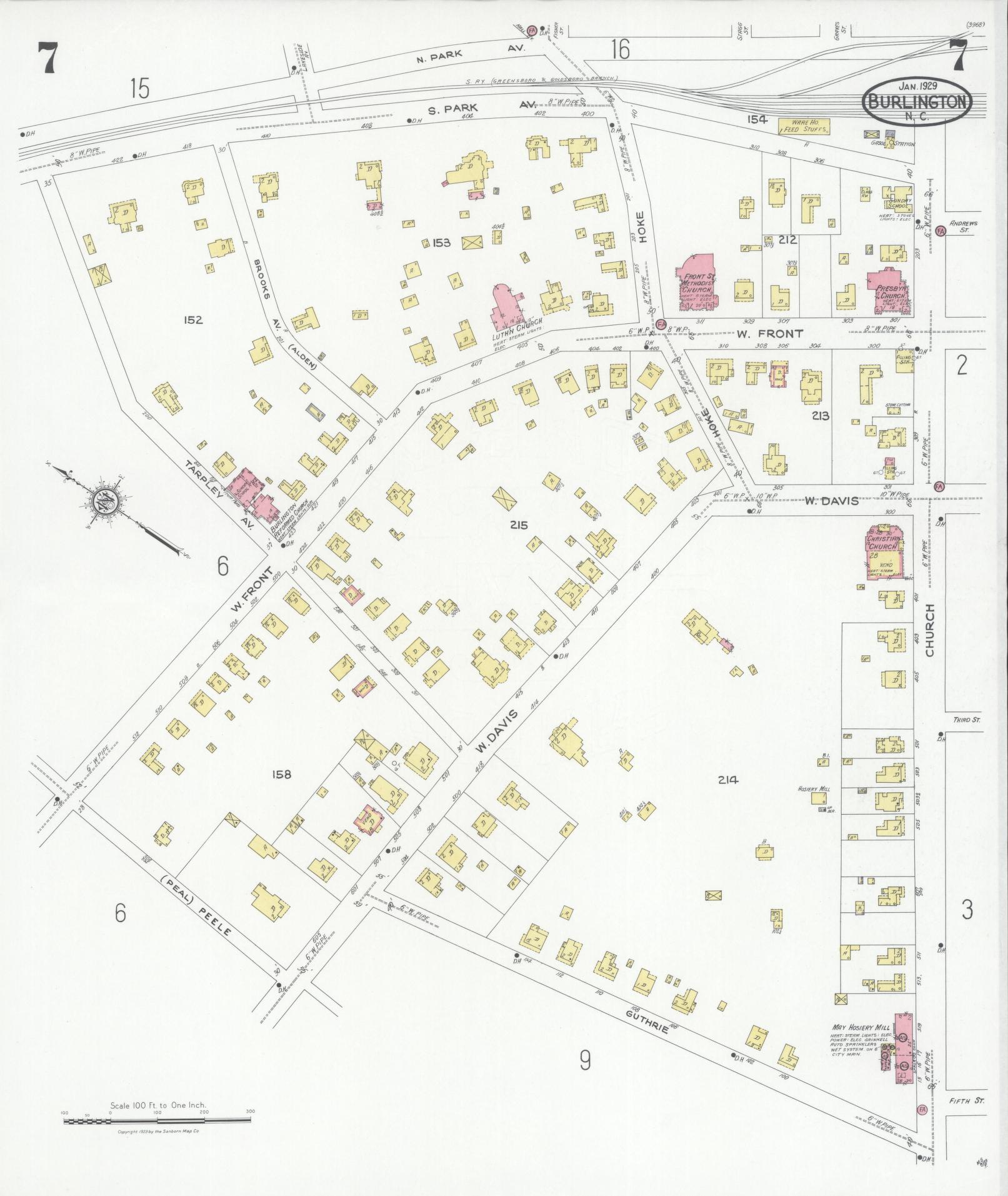 Sanborn Fire Insurance Map from Burlington, Alamance County, North Carolina (1929), Sheet #0007 - Complete Map Set gallery image, historic Sanborn map, vintage wall art, North Carolina North Carolina