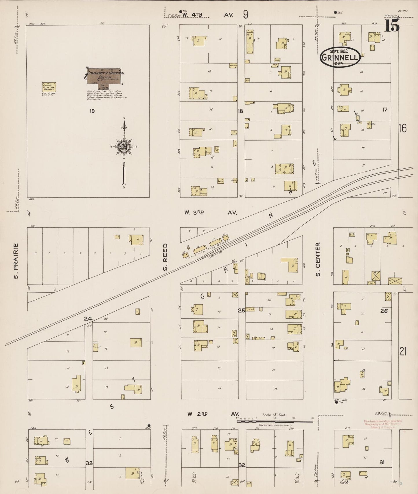 Sanborn Fire Insurance Map from Grinnell, Poweshiek County, Iowa (1922), Sheet #0015 - Historic Sanborn Fire Insurance Map Print, vintage old map wall art