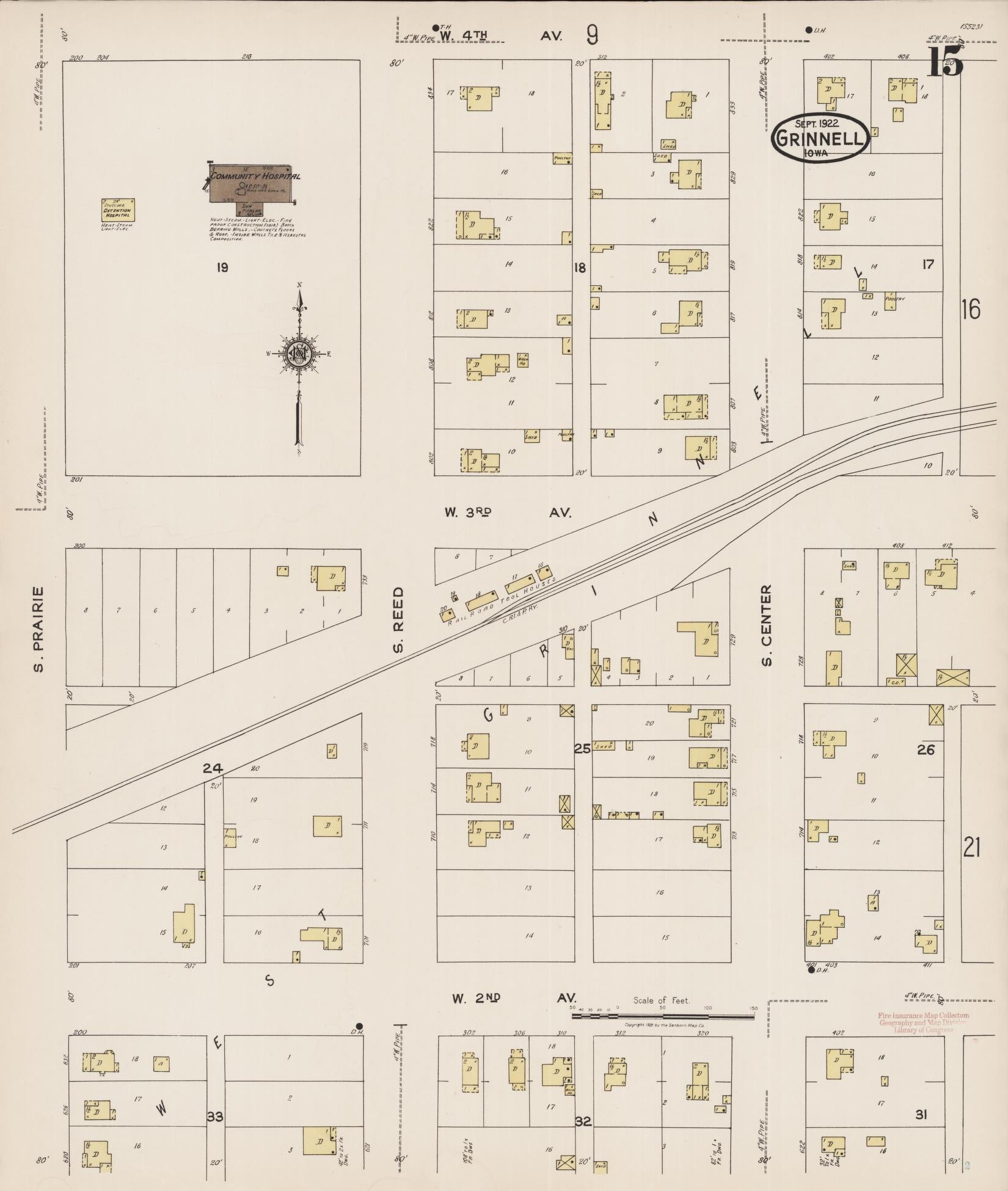 Sanborn Fire Insurance Map from Grinnell, Poweshiek County, Iowa (1922), Sheet #0015 - Historic Sanborn Fire Insurance Map Print, vintage old map wall art