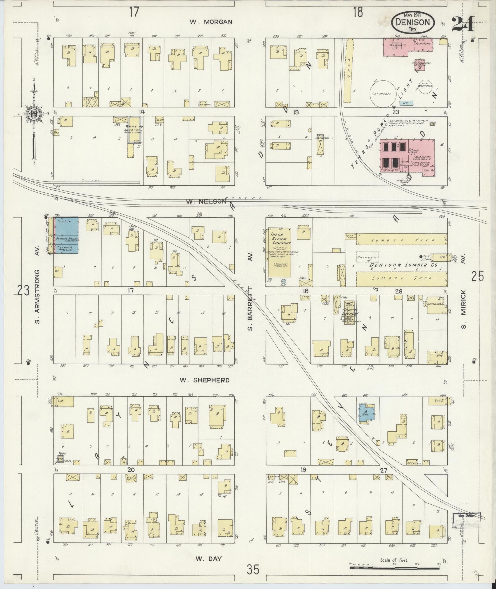 Sanborn Fire Insurance Map from Denison, Grayson County, Texas (1914), Sheet #0024 - Historic Sanborn Fire Insurance Map Print, vintage old map wall art, antique decor, genealogy gift, Texas Texas map