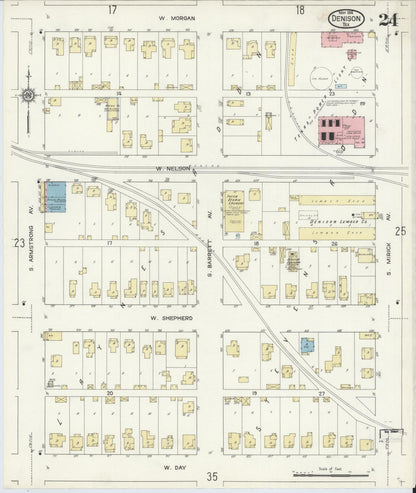 Sanborn Fire Insurance Map from Denison, Grayson County, Texas (1914), Sheet #0024 - Historic Sanborn Fire Insurance Map Print, vintage old map wall art, antique decor, genealogy gift, Texas Texas map