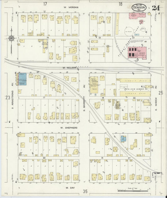 Sanborn Fire Insurance Map from Denison, Grayson County, Texas (1914), Sheet #0024 - Historic Sanborn Fire Insurance Map Print, vintage old map wall art, antique decor, genealogy gift, Texas Texas map