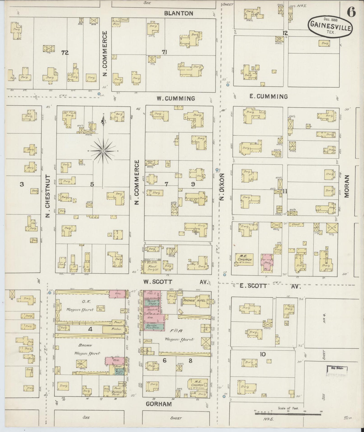 Sanborn Fire Insurance Map from Gainesville, Cooke County, Texas (1888), Sheet #0006 - Historic Sanborn Fire Insurance Map Print, vintage old map wall art, antique decor, genealogy gift, Texas Texas map