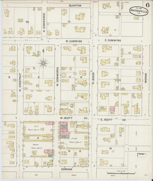 Sanborn Fire Insurance Map from Gainesville, Cooke County, Texas (1888), Sheet #0006 - Historic Sanborn Fire Insurance Map Print, vintage old map wall art, antique decor, genealogy gift, Texas Texas map