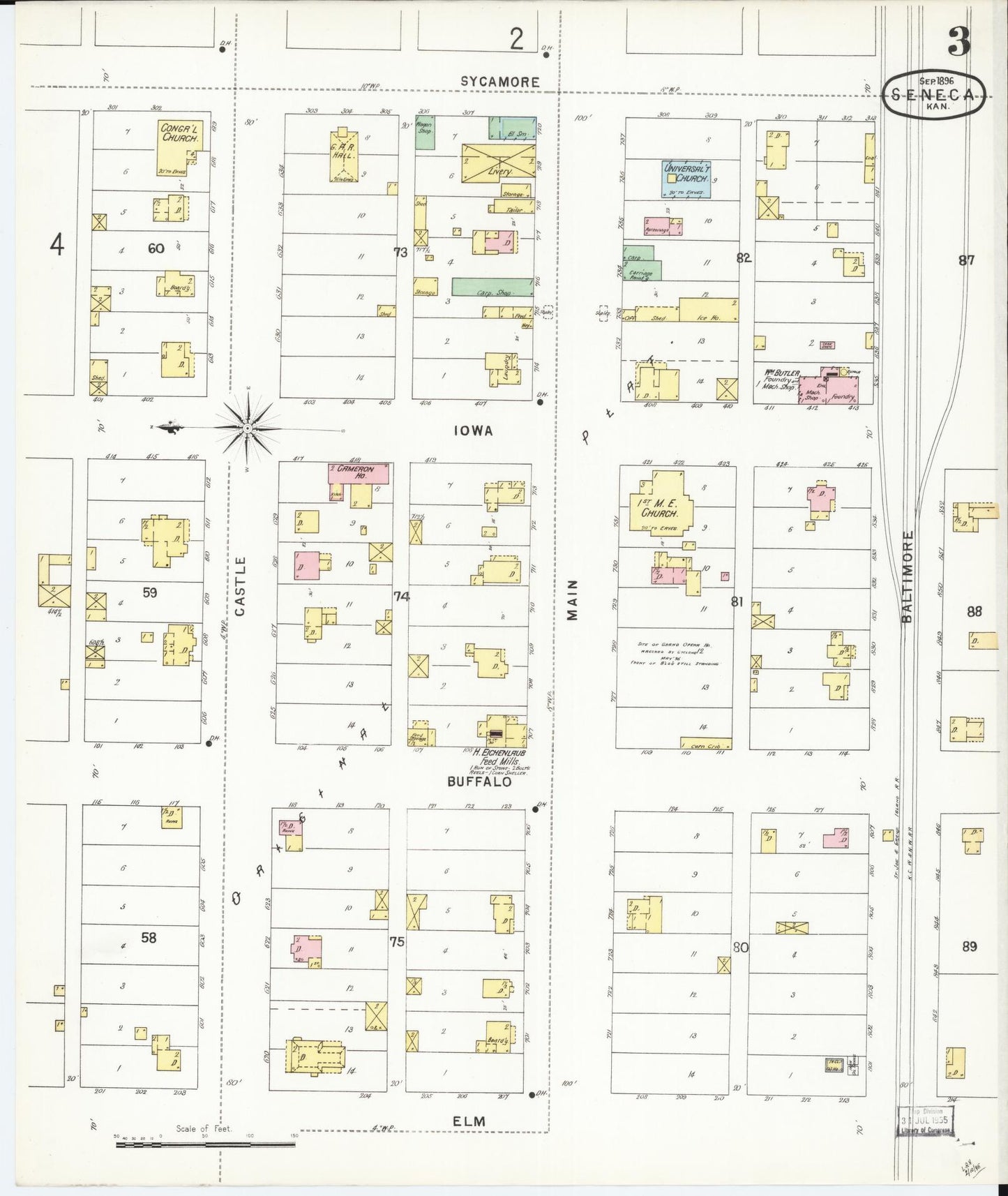 Sanborn Fire Insurance Map from Seneca, Nemaha County, Kansas (1896), Sheet #0003 - Historic Sanborn Fire Insurance Map Print, vintage old map wall art, antique decor, genealogy gift, Kansas Kansas map