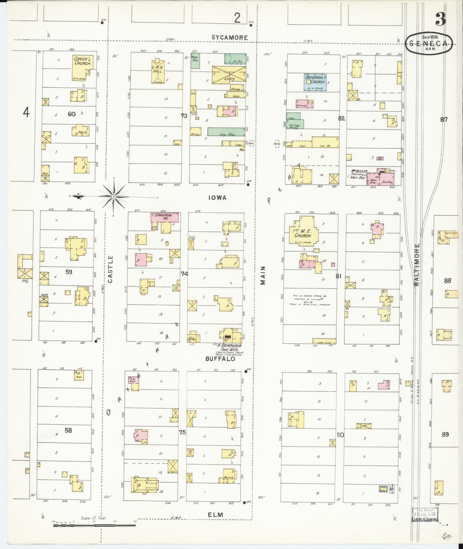 Sanborn Fire Insurance Map from Seneca, Nemaha County, Kansas (1896), Sheet #0003 - Historic Sanborn Fire Insurance Map Print, vintage old map wall art, antique decor, genealogy gift, Kansas Kansas map