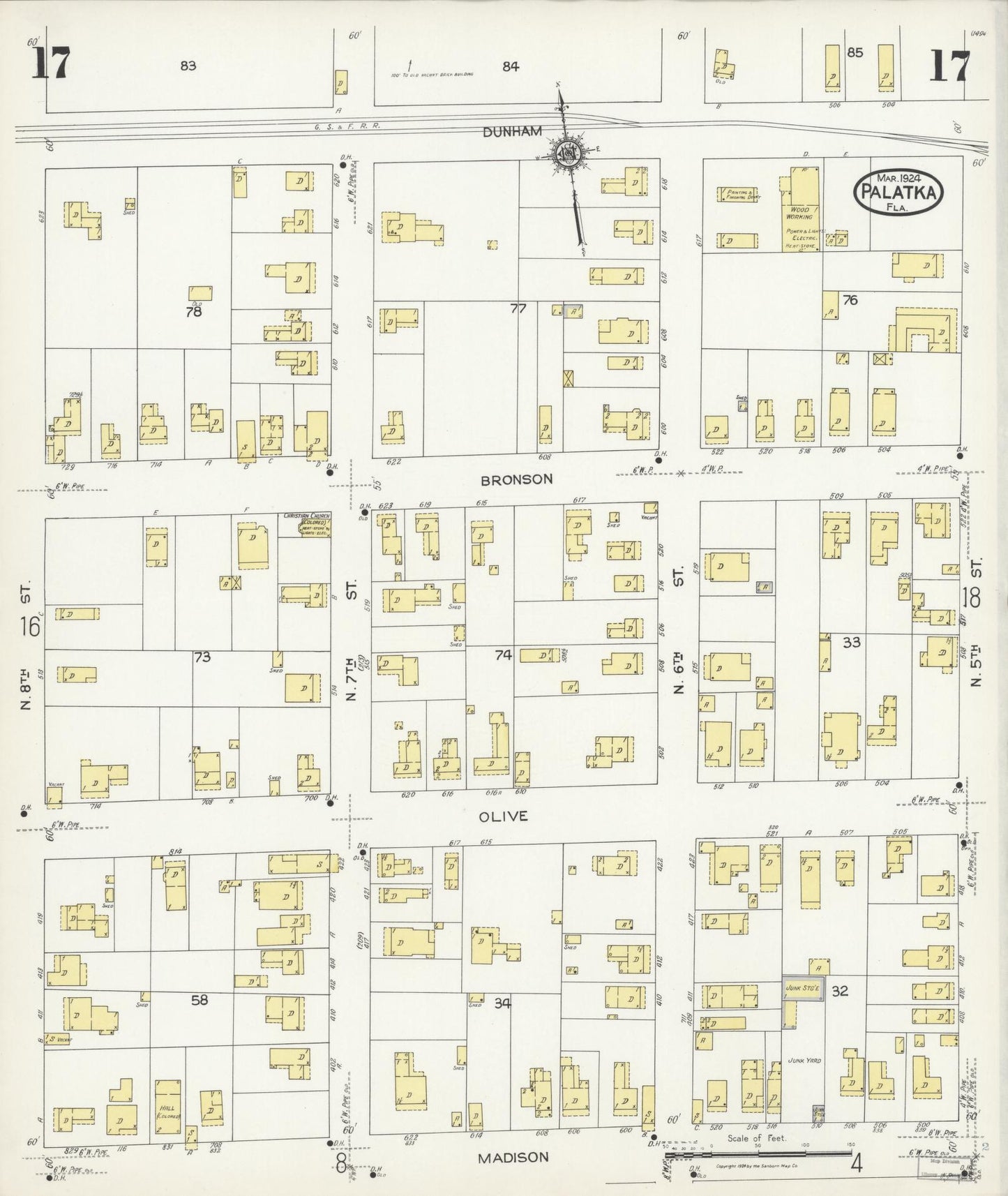 Sanborn Fire Insurance Map from Palatka, Putnam County, Florida (1924), Sheet #0017 - Complete Map Set gallery image, historic Sanborn map, vintage wall art, Florida Florida