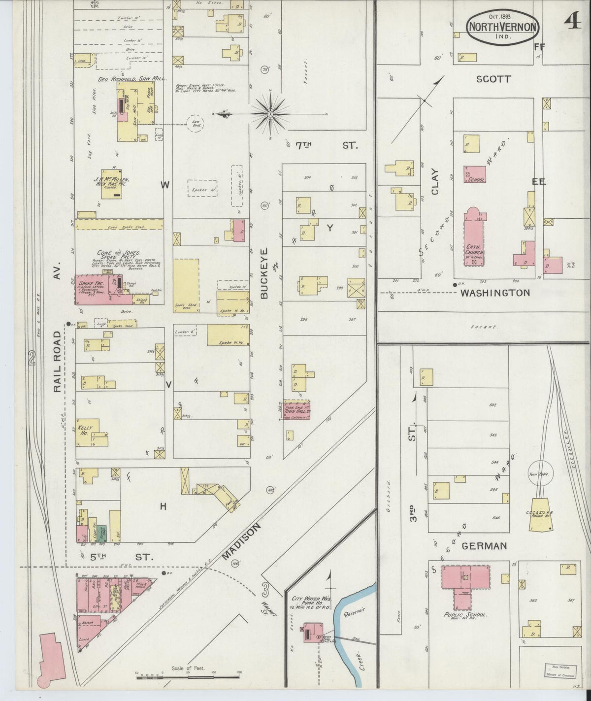 Sanborn Fire Insurance Map from North Vernon, Jennings County, Indiana (1893), Sheet #0004 - Historic Sanborn Fire Insurance Map Print, vintage old map wall art, antique decor, genealogy gift, Indiana Indiana map